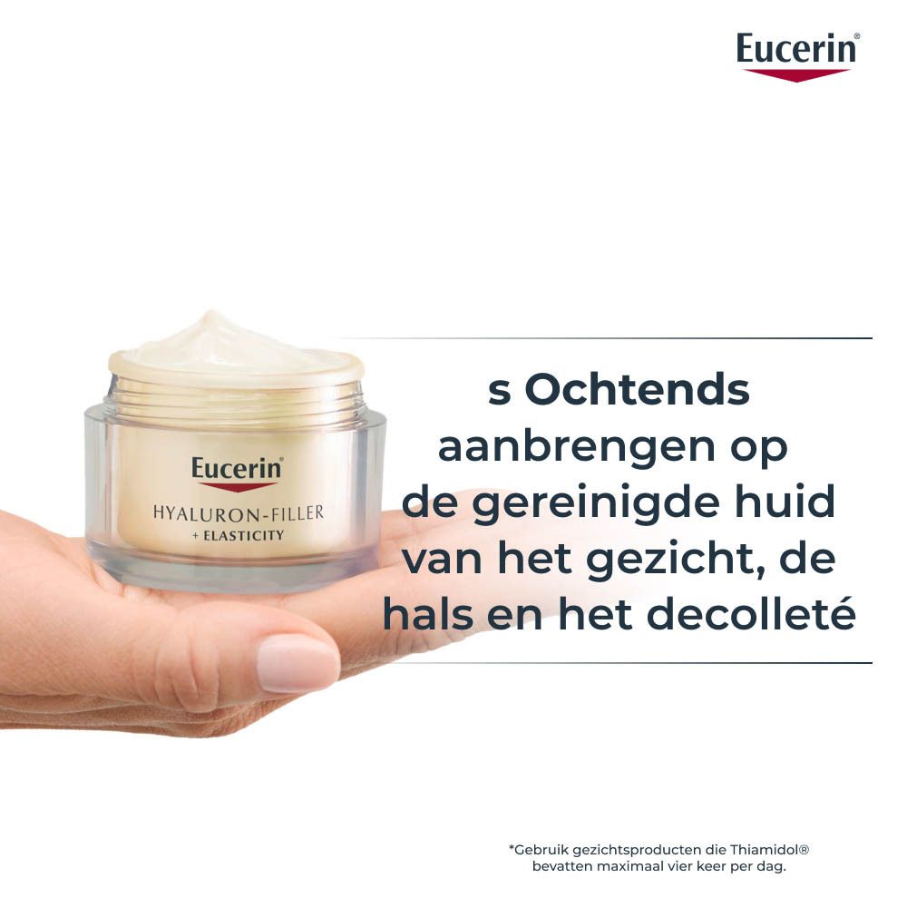 Hand houdt potje Eucerin Hyaluron-Filler + Elasticity vast. Tekst: 's Ochtends aanbrengen.