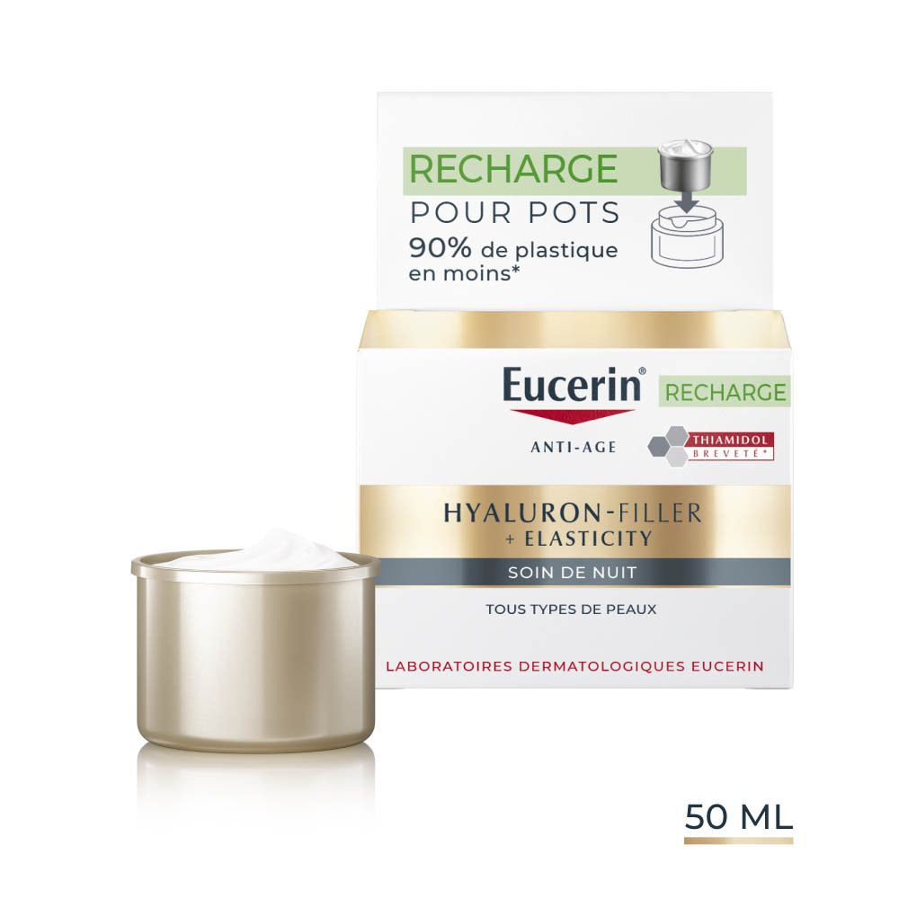 Eucerin Hyaluron-Filler + Elasticity Soin de Nuit. Pot de crème et emballage.