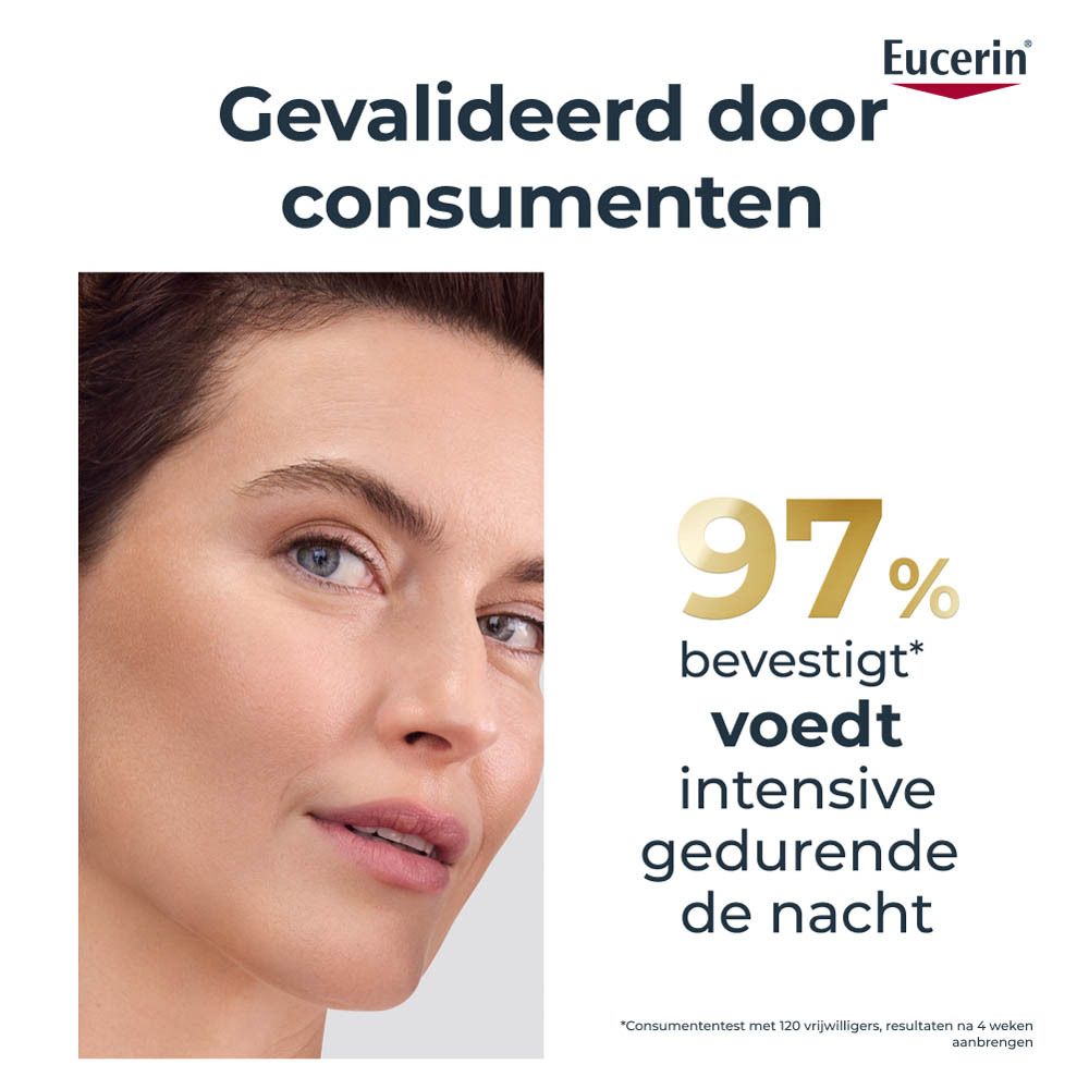 Vrouw raakt gezicht aan. Tekst: 97% bevestigen, voedt intensief gedurende de nacht.
