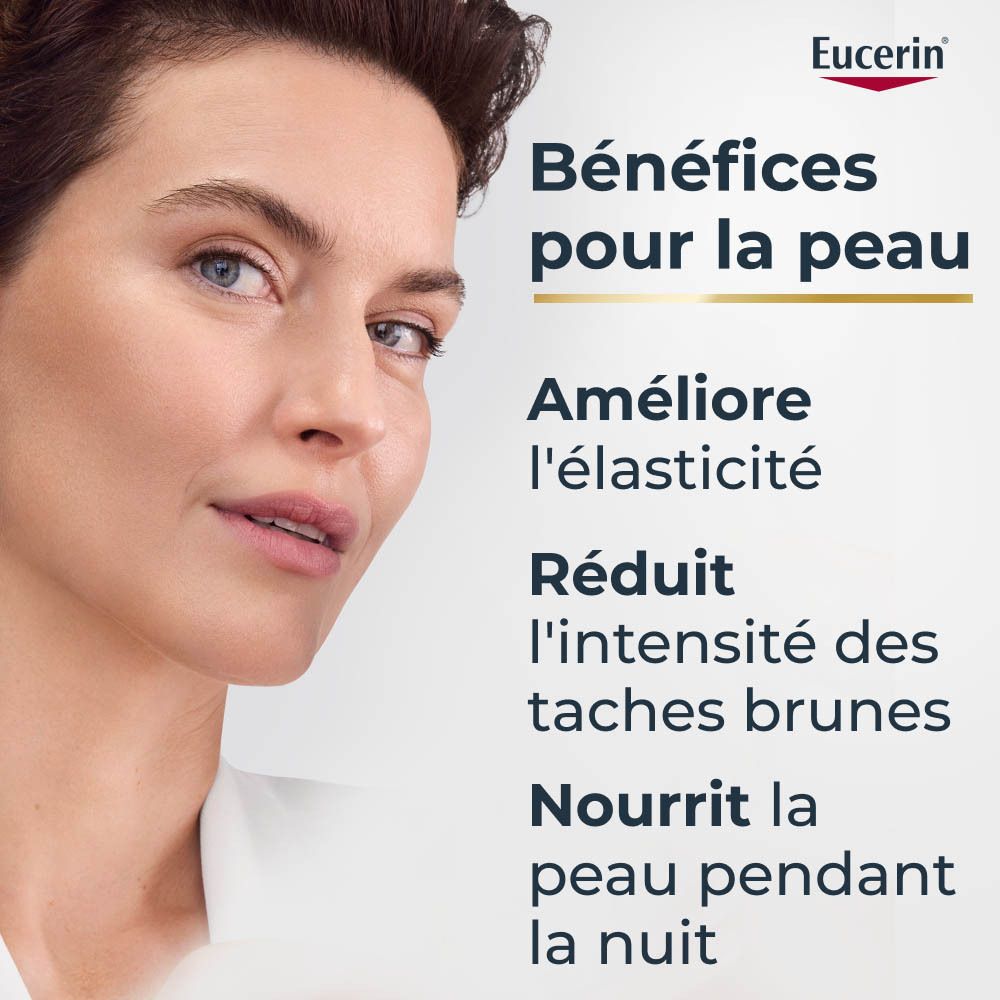 Femme touchant son visage. Texte: Bénéfices pour la peau. Améliore l'élasticité, réduit les taches.