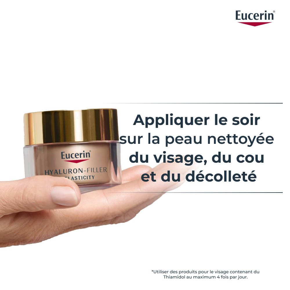 Main tenant un pot. Texte: Appliquer le soir sur peau nettoyée. Visage, cou, décolleté.