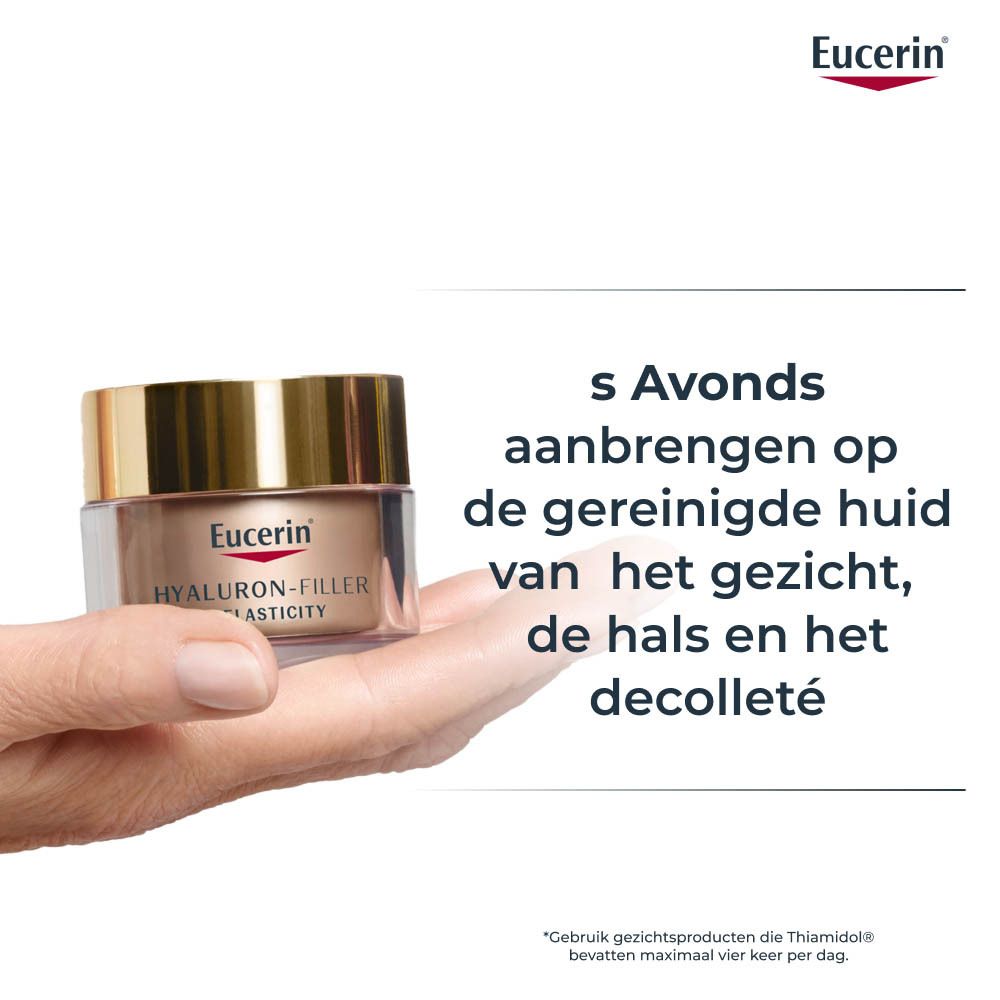 Hand houdt potje vast. Tekst: 's Avonds aanbrengen op gereinigde huid. Gezicht, hals, decolleté.