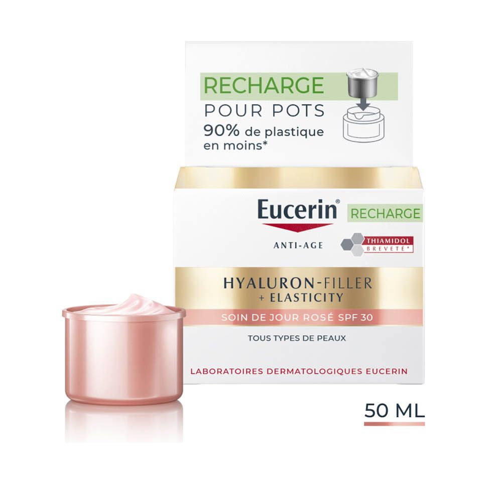 Eucerin Hyaluron-Filler + Elasticity Soin de Jour Rose SPF 30 en pot. Crème rose, 50 ml.