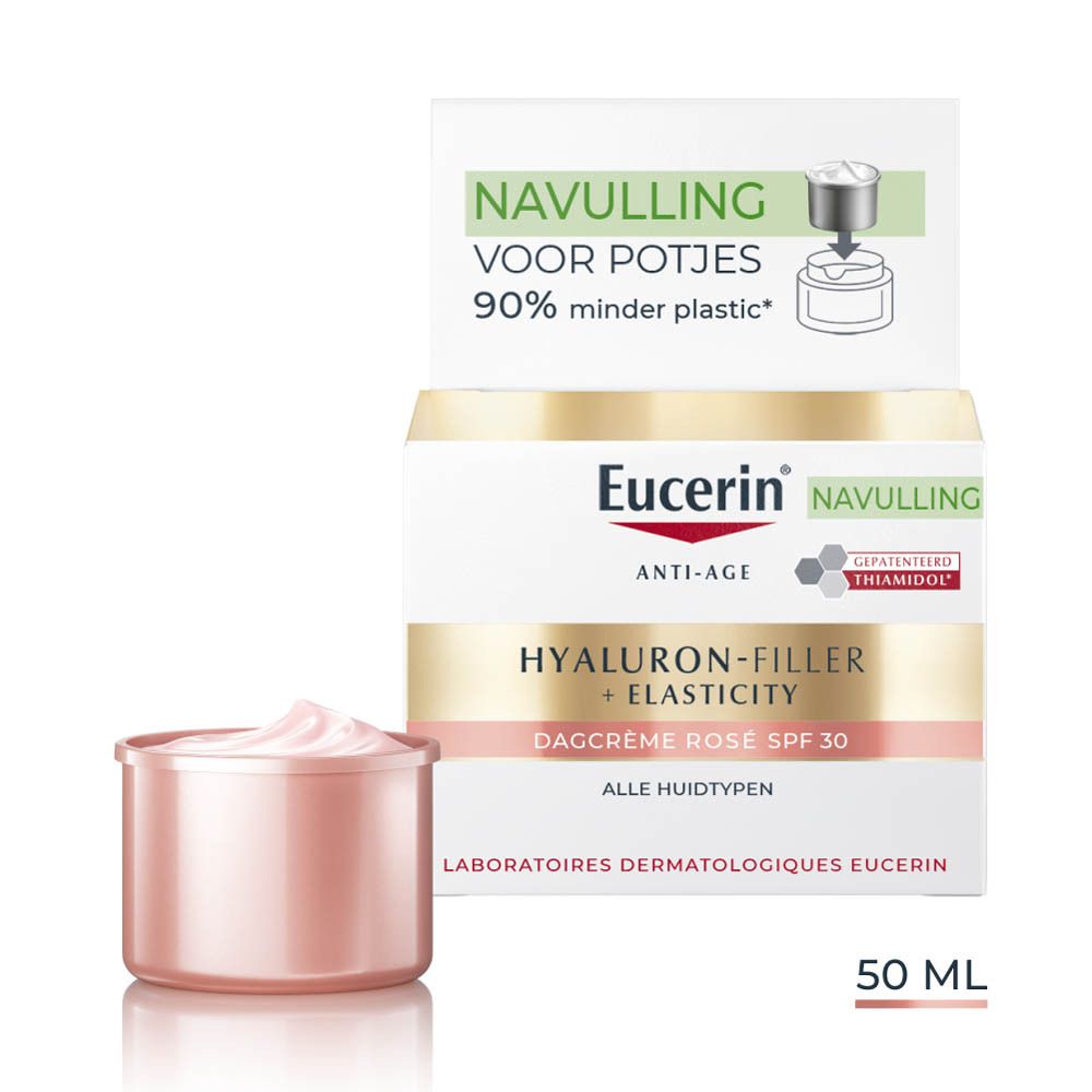 Verpakking Eucerin Hyaluron-Filler + Elasticity Dagcrème Rose SPF 30. Wit, met productinformatie.