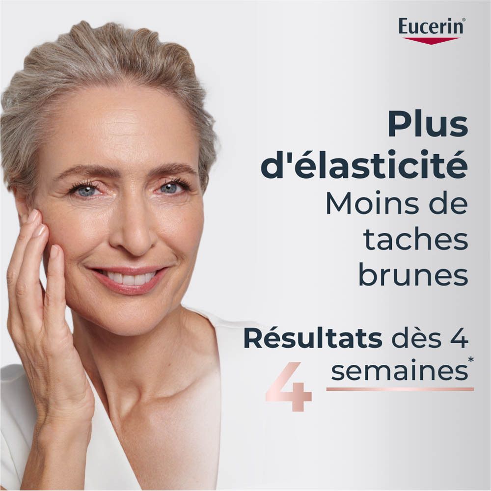 Portrait d'une femme. Texte: Plus d'élasticité, moins de taches brunes. Résultats dès 4 semaines.