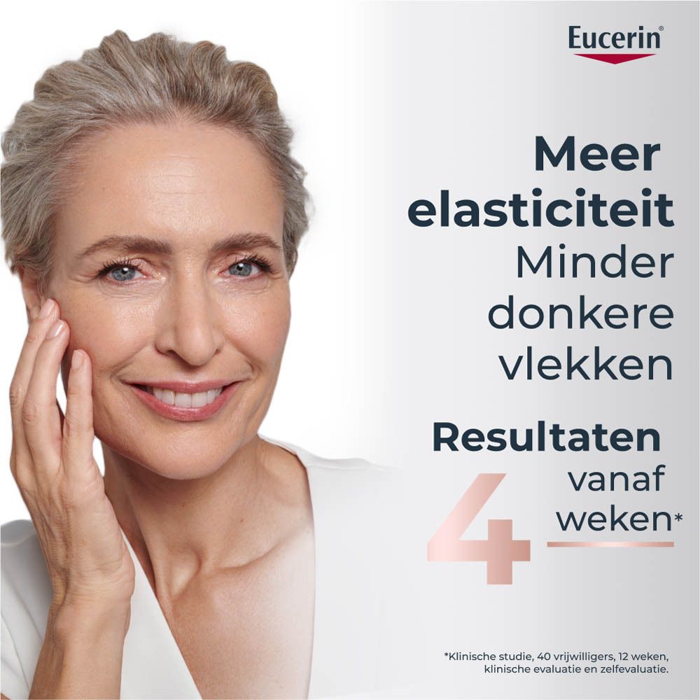Portret van een vrouw. Tekst: Meer elasticiteit, minder donkere vlekken. Resultaten vanaf 4 weken.