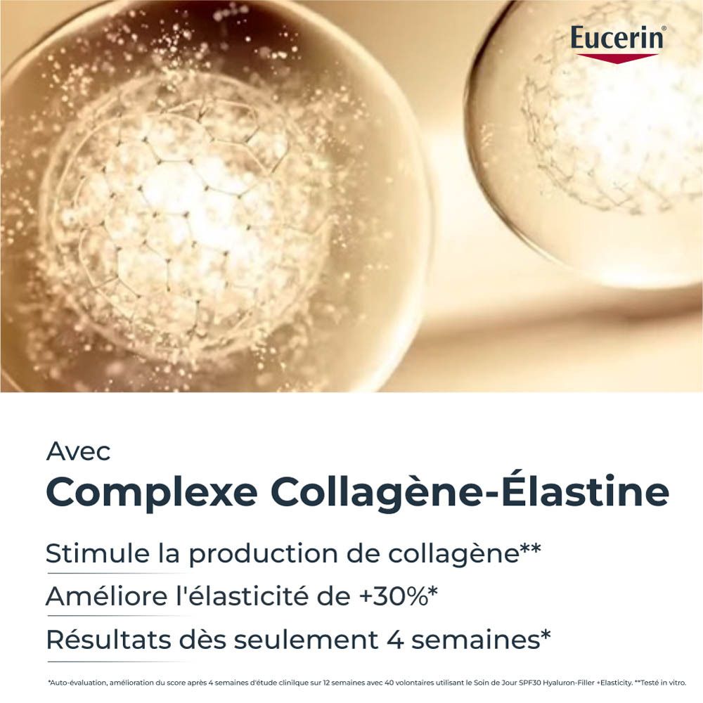 Gros plan de liquides. Texte: Complexe Collagène-Élastine. Stimule la production de collagène.