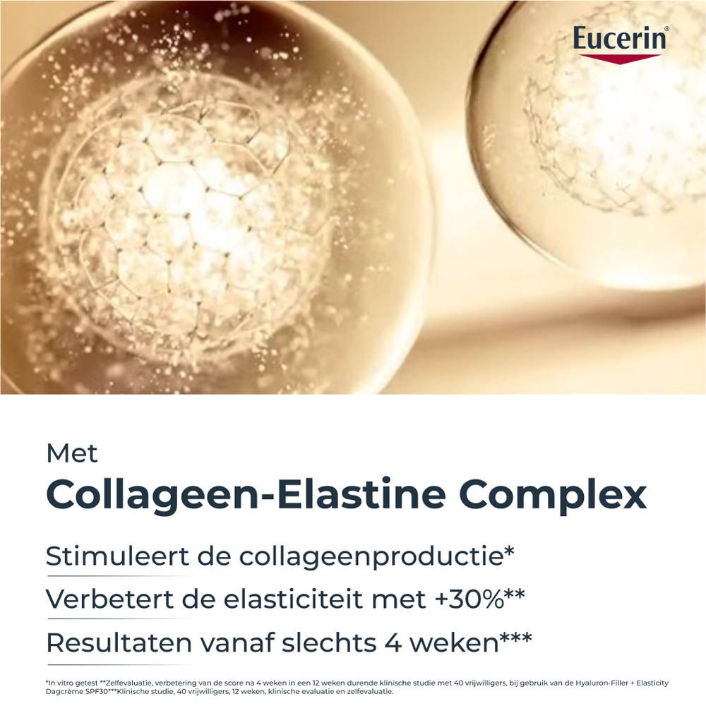 Close-up van vloeistoffen. Tekst: Collageen-Elastine Complex. Stimuleert de collageenproductie.