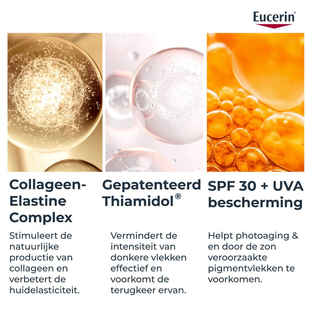 Close-up van vloeistoffen. Tekst: Collageen-Elastine Complex, Thiamidol, SPF 30 + UVA bescherming.