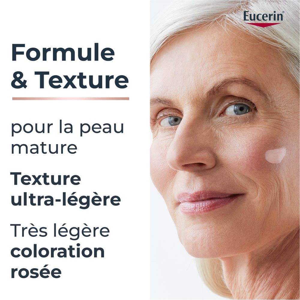 Portrait d'une femme. Texte: Formule & Texture pour la peau mature. Texture ultra-légère, coloration rosée.