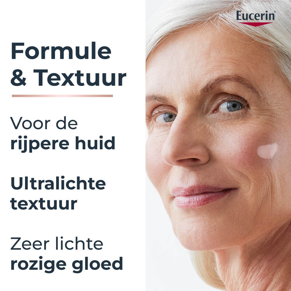 Portret van een vrouw. Tekst: Formule & Textuur voor de rijpere huid. Ultralichte textuur, rozige gloed.