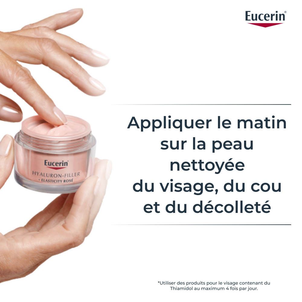 Main tenant un pot de crème. Texte: Appliquer le matin sur la peau nettoyée du visage, du cou et du décolleté.
