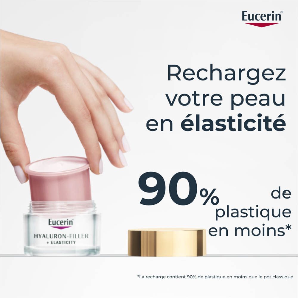 Main tenant un pot. Texte: 90% de plastique en moins. La recharge contient 90% de plastique en moins que le pot classique.