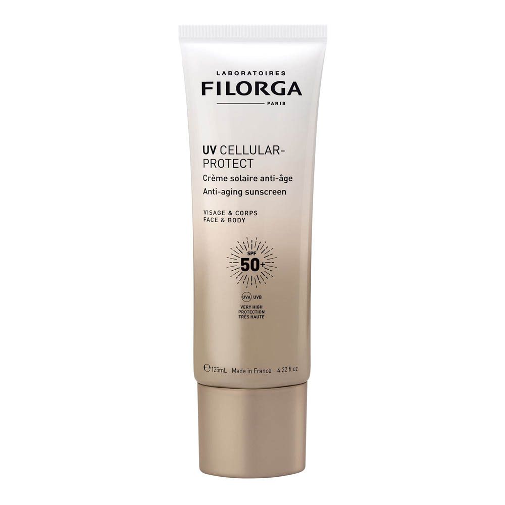FILORGA UV Cellular-Protect crème. Witte tube met bruine dop. SPF 50. Voor gezicht & lichaam. Anti-aging zonnecrème.