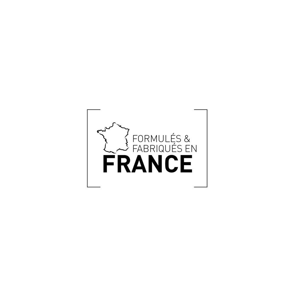 Logo: Formulé & fabriqué en France. Texte noir dans un cadre. Fond blanc.