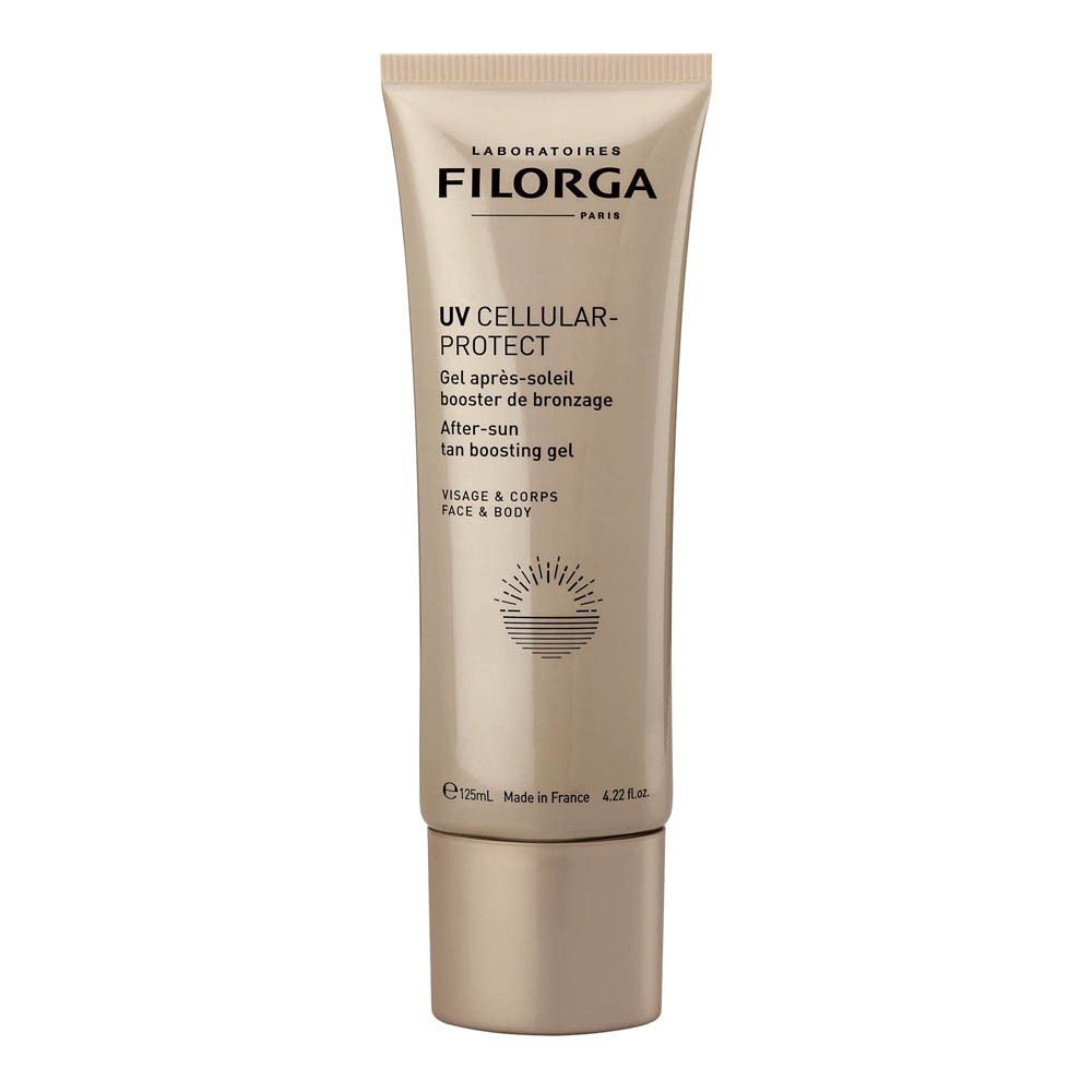 Tube beige avec textes. Inscription: UV Cellular-Protect, Gel après-soleil booster de bronzage, After-sun tan boosting gel. Marque: Filorga.
