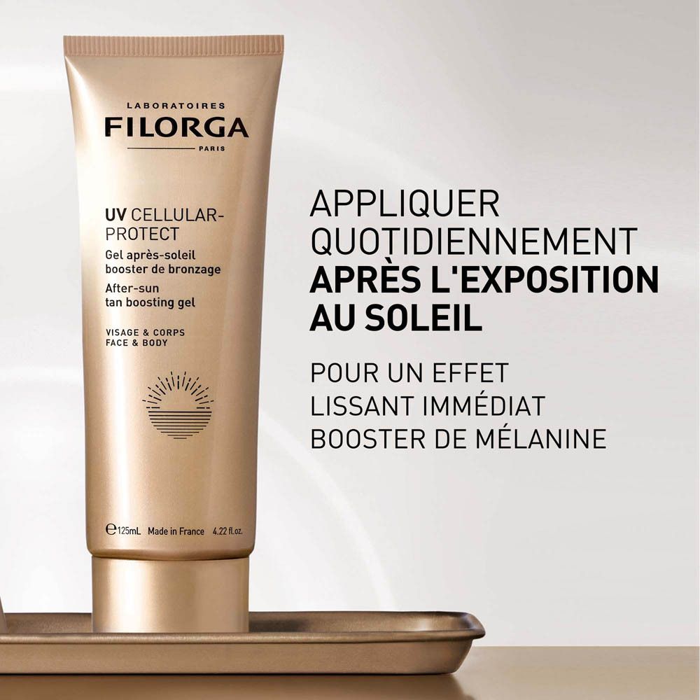 Tube avec texte. Inscription: UV Cellular-Protect, Gel après-soleil booster de bronzage, After-sun tan boosting gel. Marque: Filorga. Conseils d'utilisation.