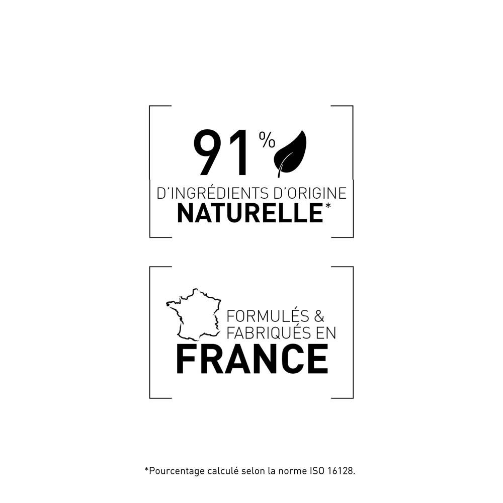 Deux logos. 91% d'ingrédients naturels. Formulé & fabriqué en France. ISO 16128.