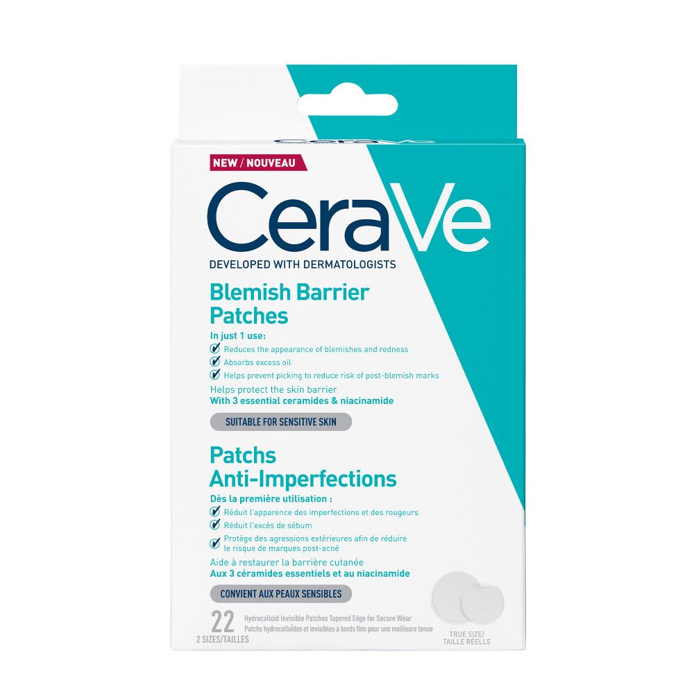 CeraVe Blemish Barrier Patches. Verpakking met 22 patches. Blauw-witte verpakking met productinformatie.