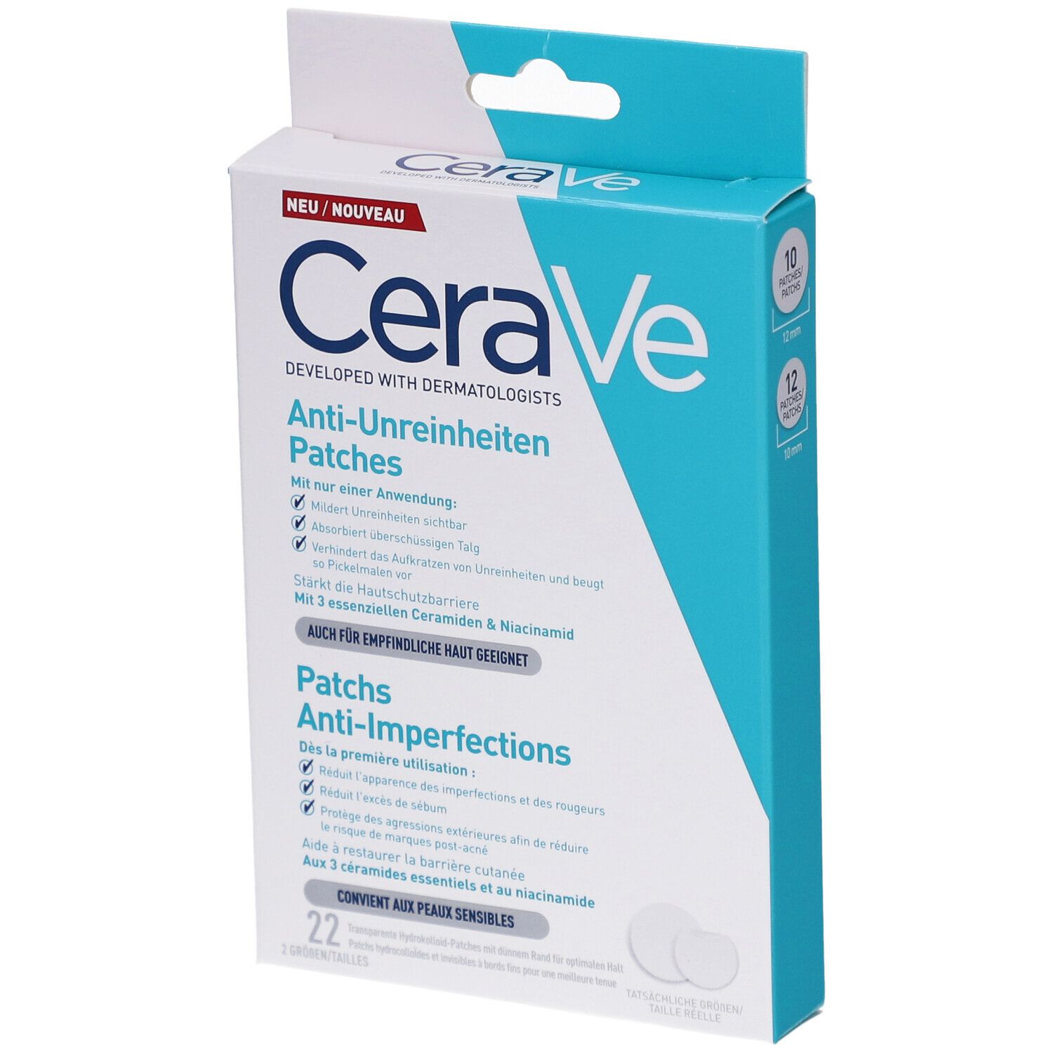 Verpakking CeraVe Anti-Onzuiverheden Patches. Blauw-witte doos met productinfo en 22 patches.