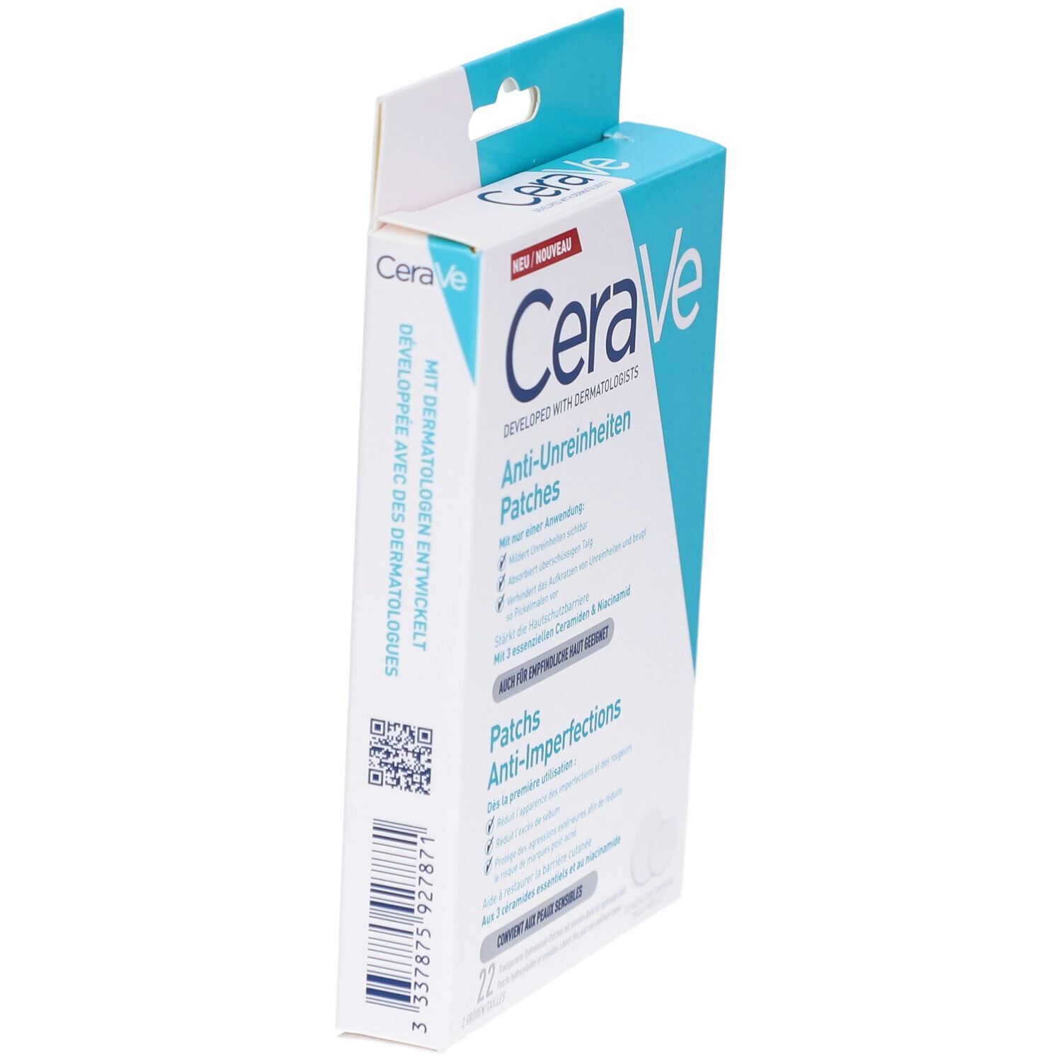 Zijkant van CeraVe Anti-Onzuiverheden Patches verpakking. Productinfo en barcode zichtbaar.