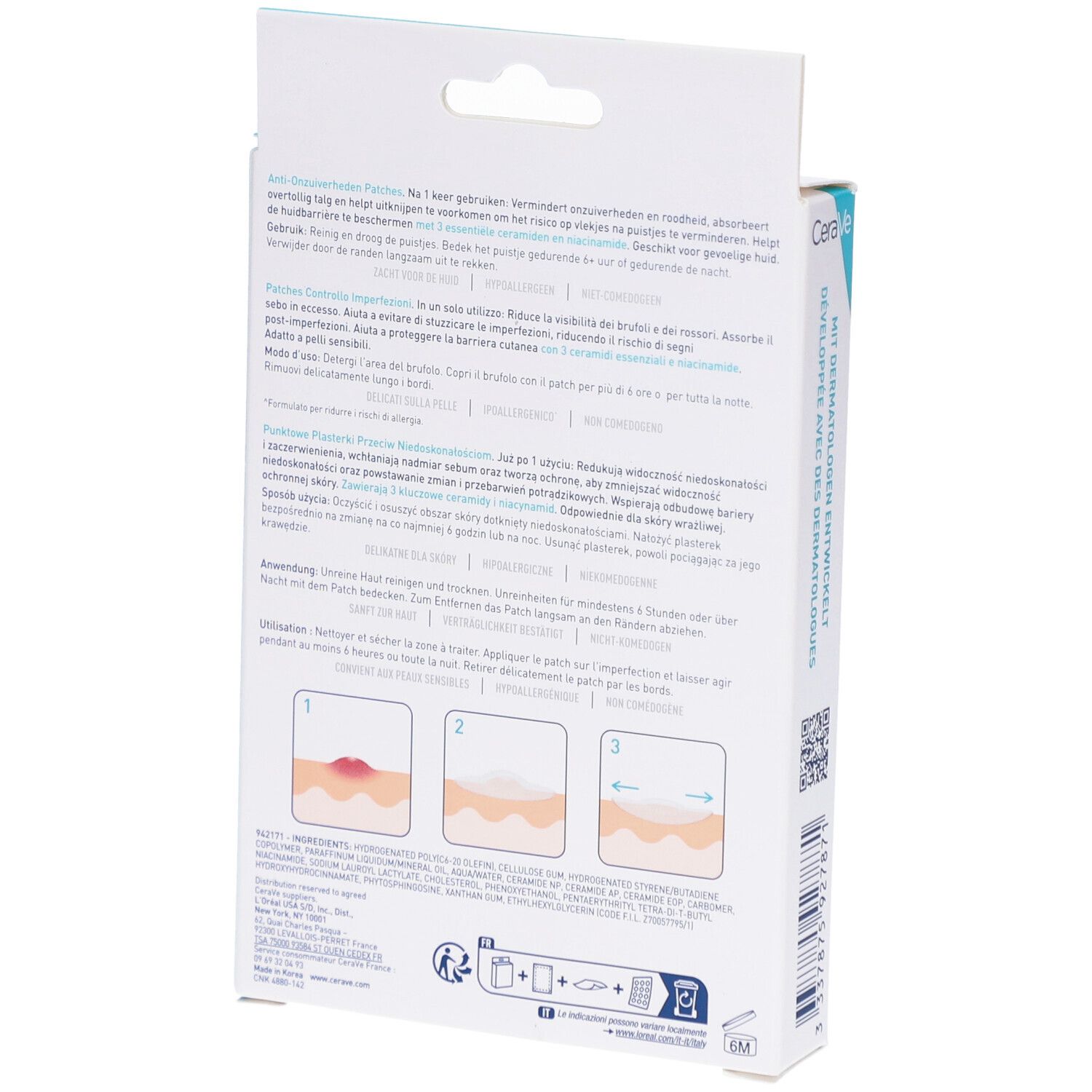 Achterkant CeraVe Anti-Onzuiverheden Patches verpakking. Productinfo en gebruiksvoorbeelden.