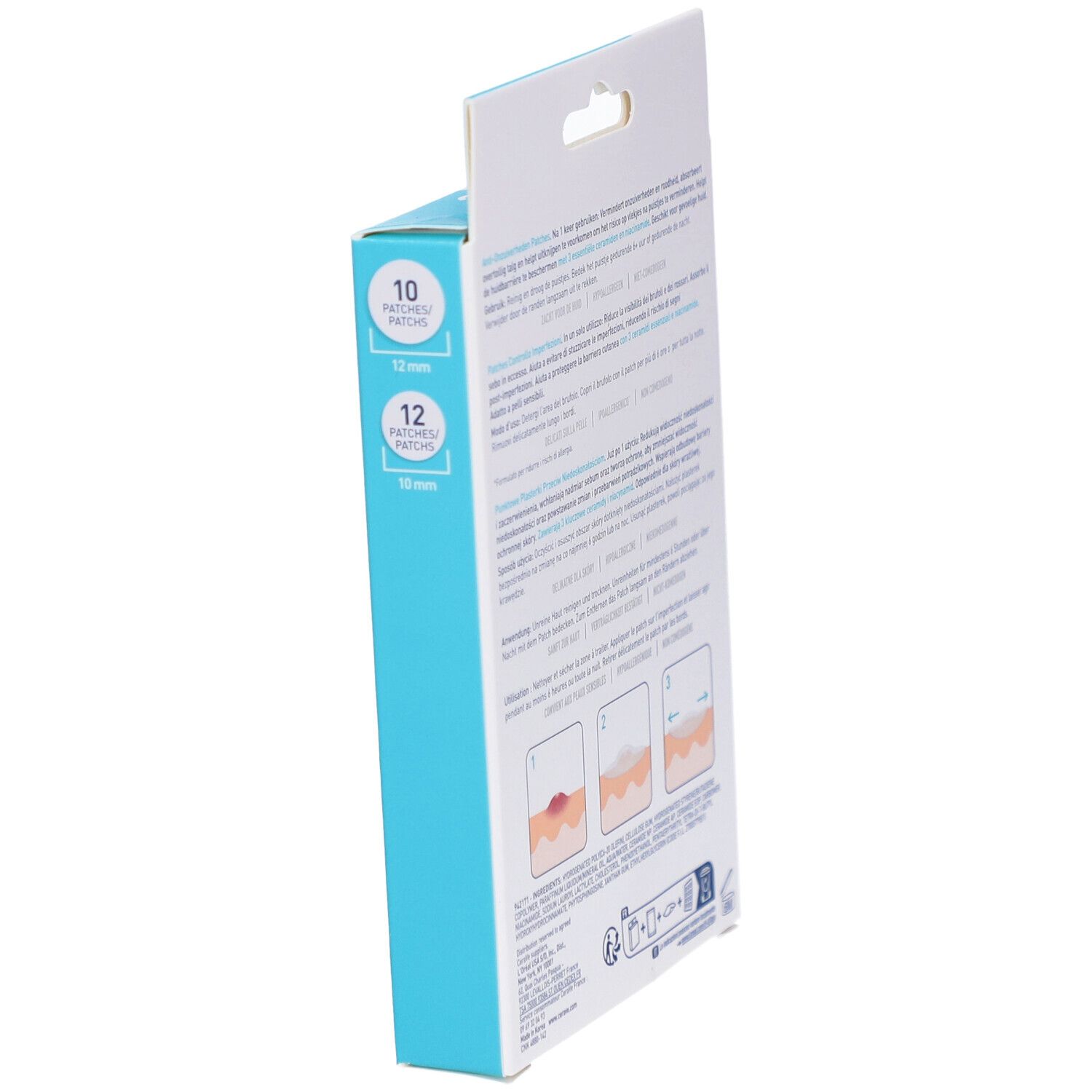 Zijkant CeraVe patches verpakking. Info over aantal patches.