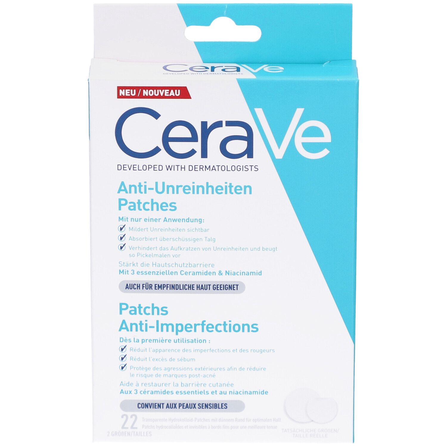 Verpakking CeraVe Anti-Onzuiverheden Patches. Blauw-witte doos met productinfo en 22 patches.