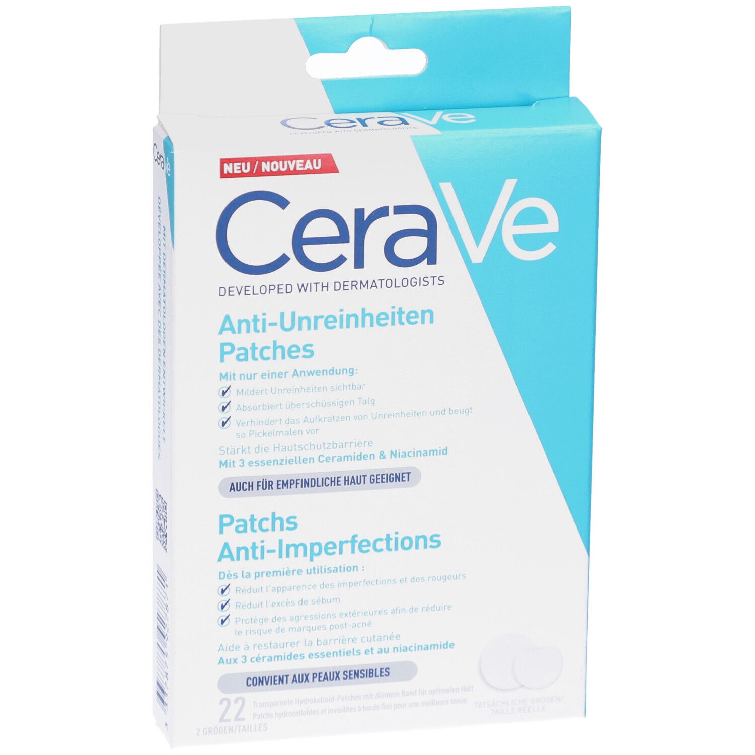 Verpakking CeraVe Anti-Onzuiverheden Patches. Blauw-witte doos met productinfo en 22 patches.