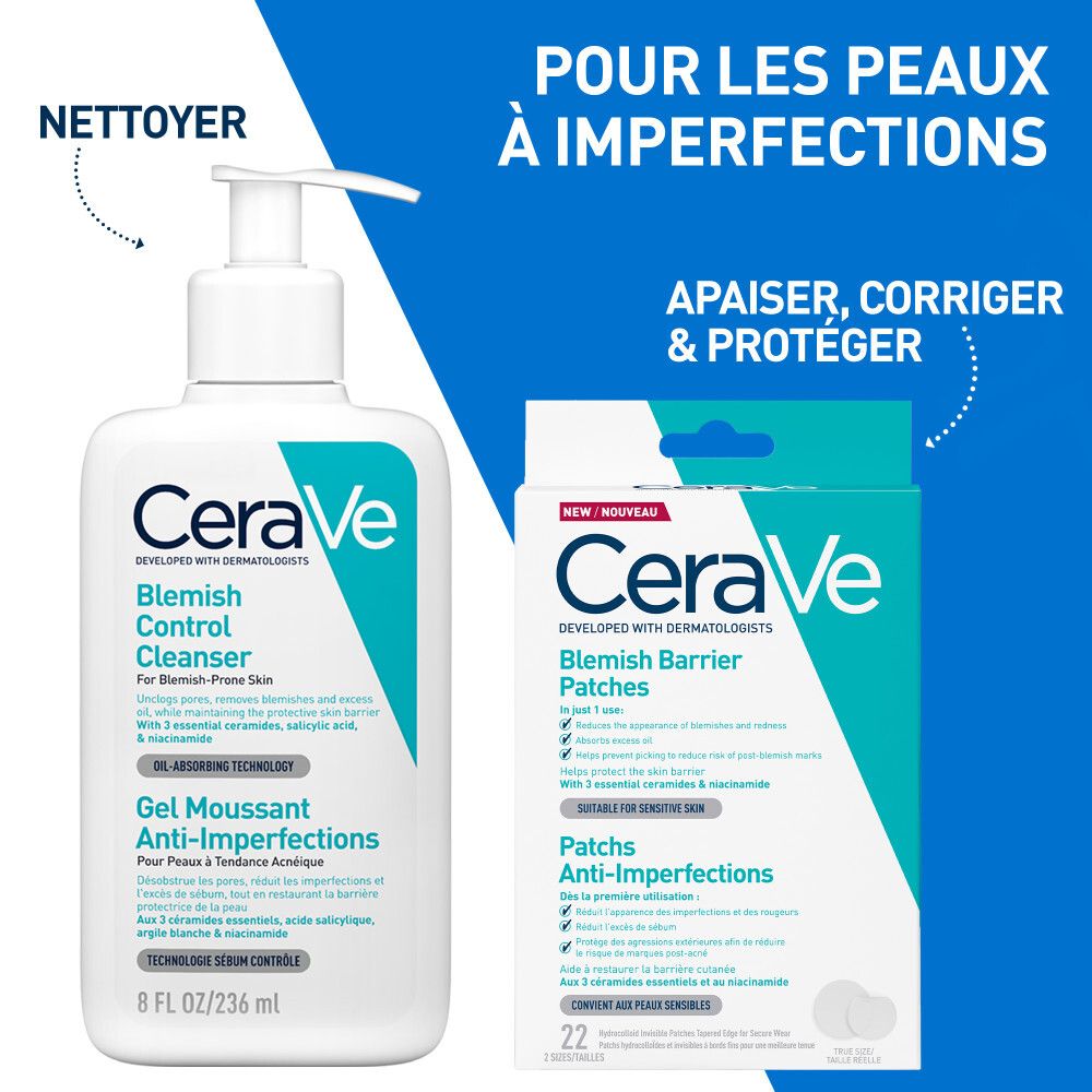 CeraVe Blemish Control Cleanser et patches. Emballage bleu et blanc.