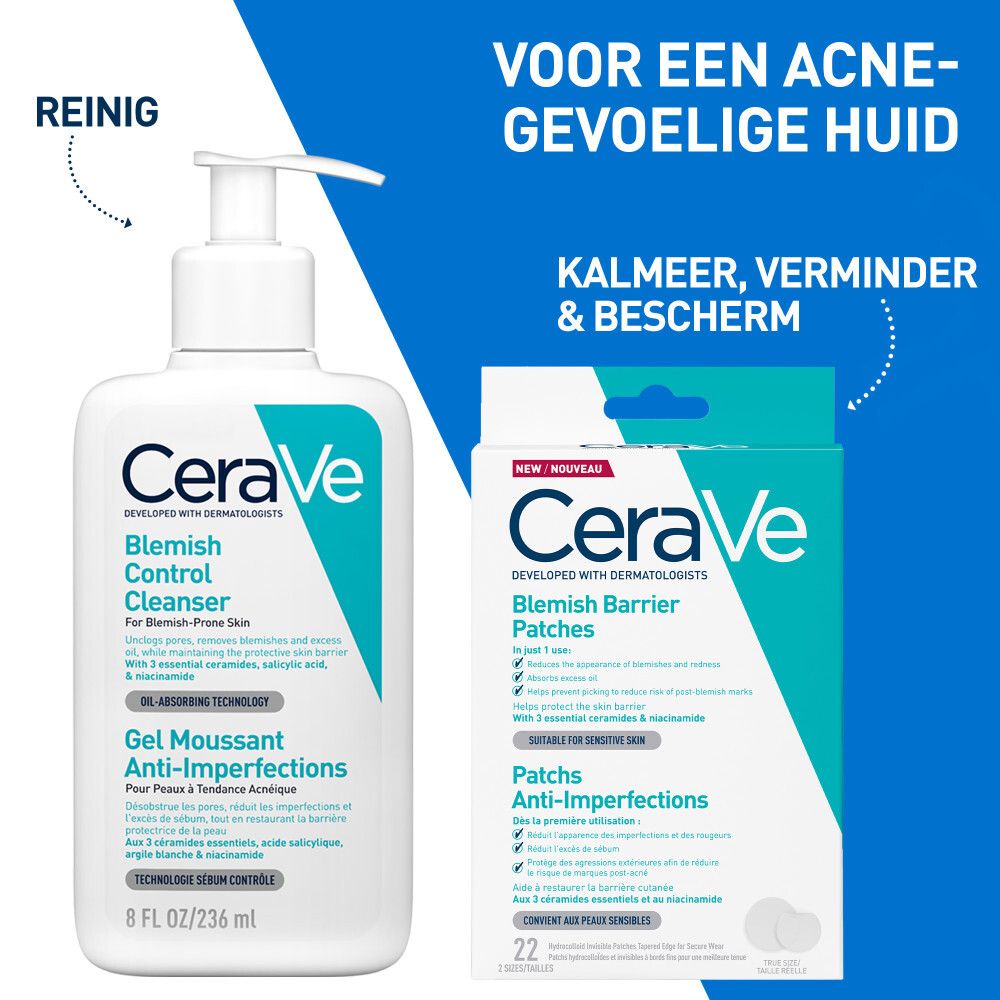 Man houdt een CeraVe Blemish Barrier Patches verpakking vast. Witte jas, blauw-witte verpakking.