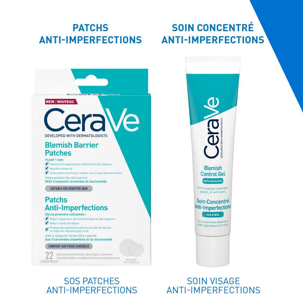 CeraVe Blemish Control Gel et patches. Emballage bleu et blanc.