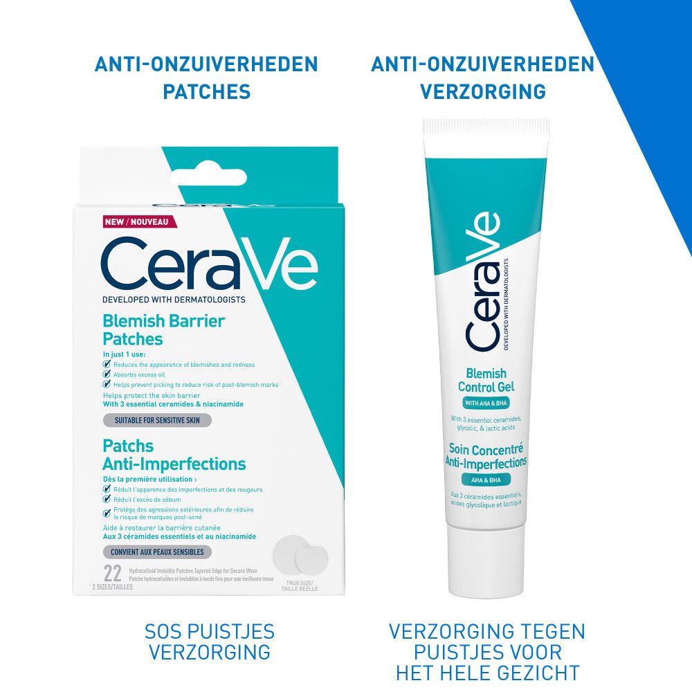 CeraVe Blemish Control Gel en patches. Blauw-witte verpakking.