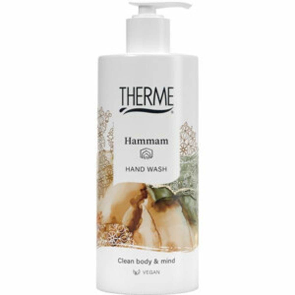 Therme Hammam Hand Wash. Witte fles met doseerpomp. Opschrift: Therme, Hammam, Hand Wash. Vegan.