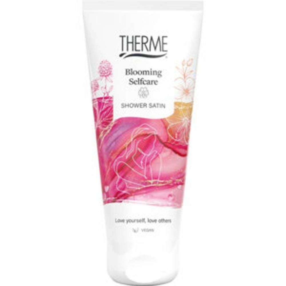 Witte tube met THERME Blooming Selfcare Shower Satin. Roze illustraties en tekst. Vegan logo.