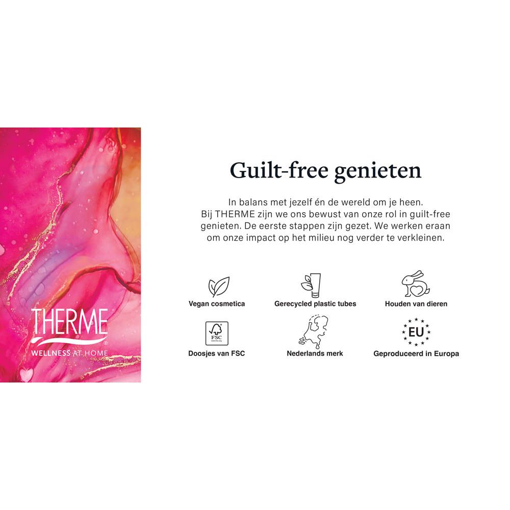 Tekst met 'Guilt-free genießen'. Logo's: Vegan, gerecycled plastic, dierproefvrij, FSC, Nederland, EU.