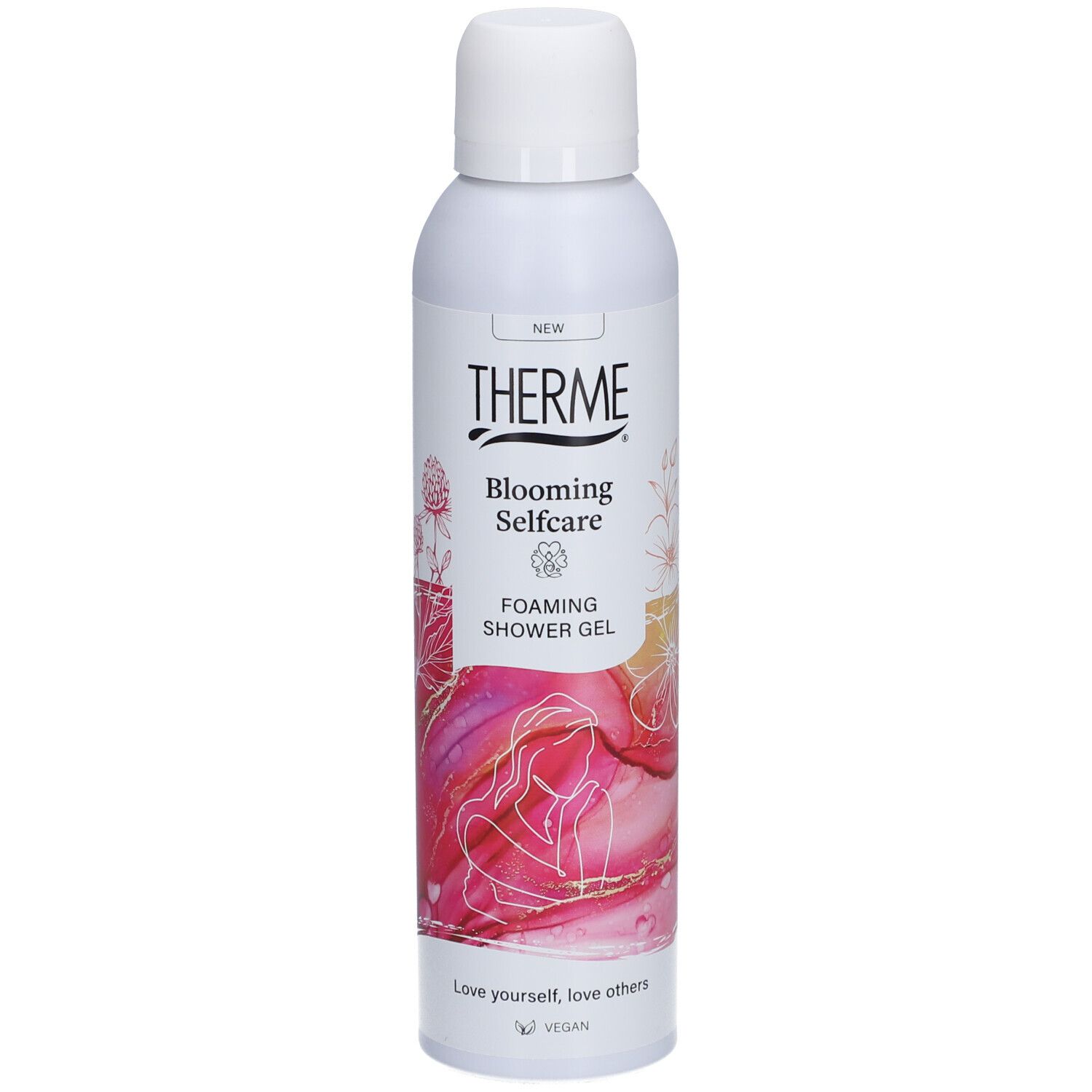 Witte fles THERME Blooming Selfcare Foaming Shower Gel. Roze-witte afbeelding. Vegan logo.