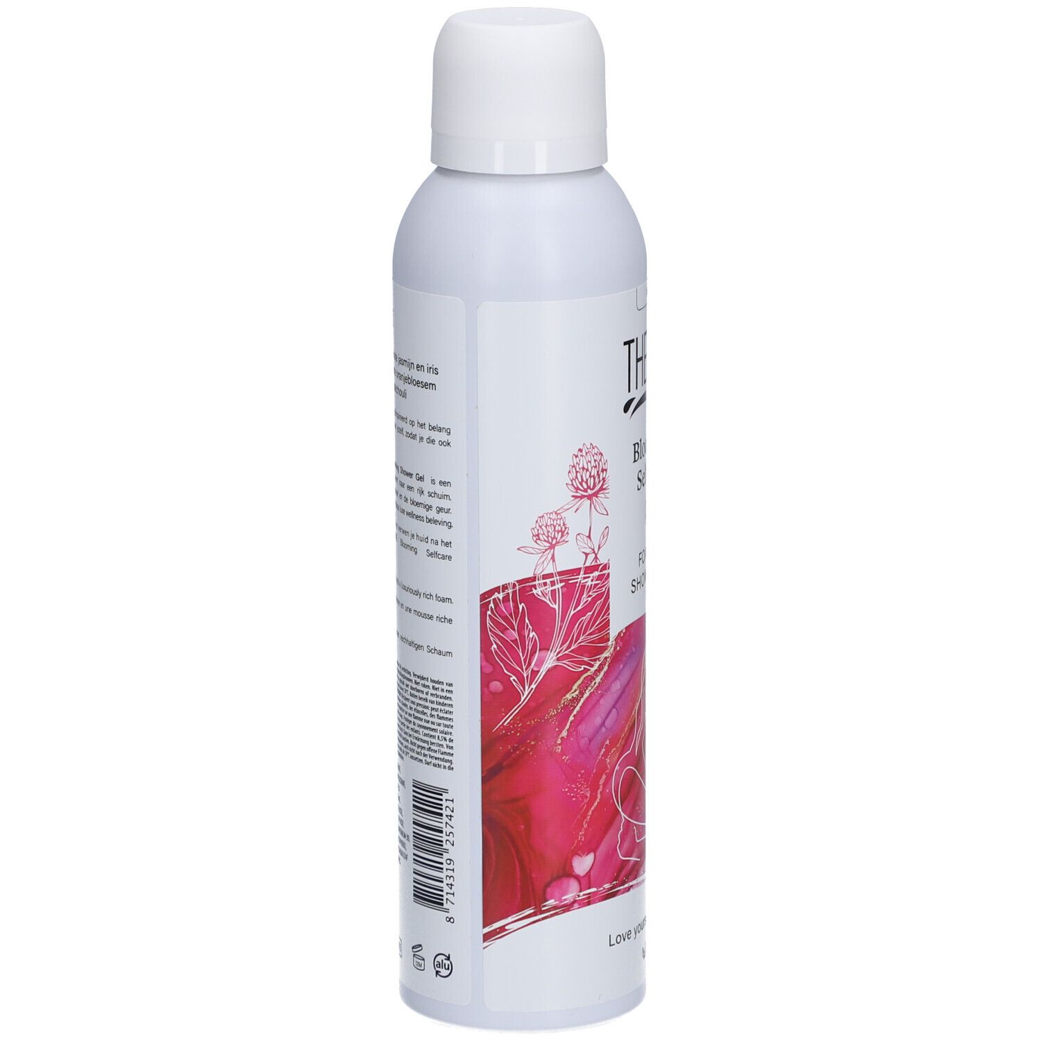 Witte fles THERME Blooming Selfcare. Achterkant met tekst en roze afbeelding. Vegan logo.