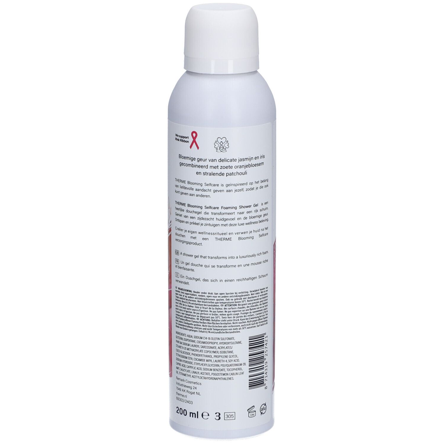 Witte fles met tekst. Achterkant met tekst en roze afbeelding. 200 ml. Vegan logo.