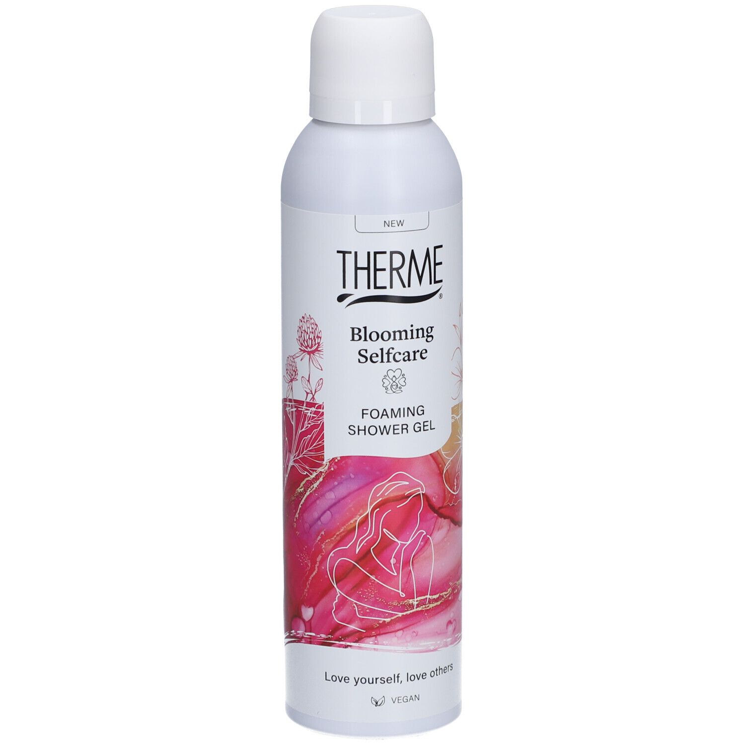 Witte fles THERME Blooming Selfcare Foaming Shower Gel. Roze-witte afbeelding. Vegan logo.