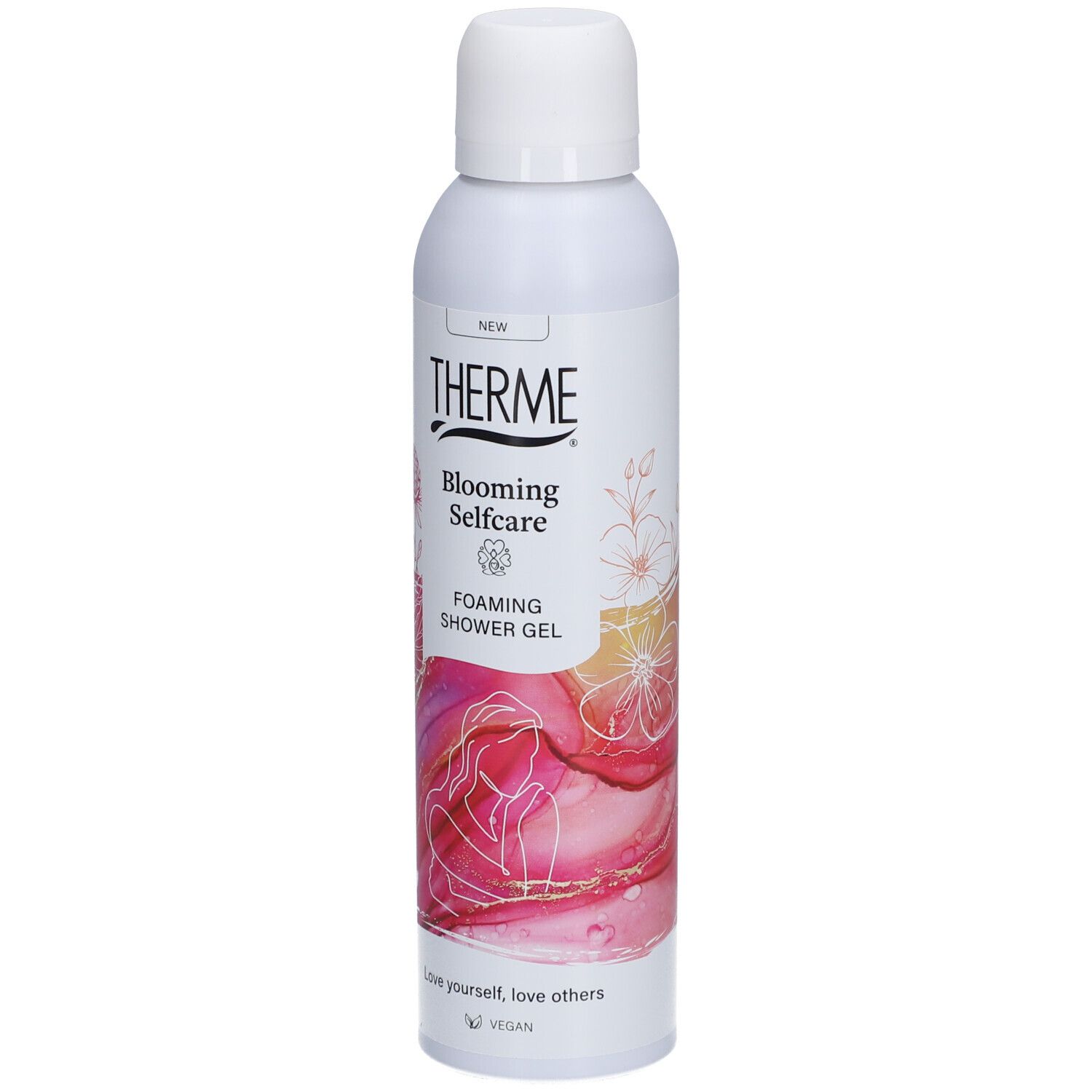 Witte fles THERME Blooming Selfcare Foaming Shower Gel. Roze-witte afbeelding. Vegan logo.