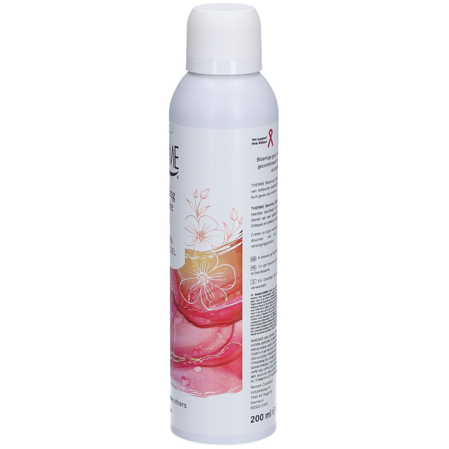 Witte fles THERME Blooming Selfcare. Achterkant met tekst en roze afbeelding. 200 ml. Vegan logo.