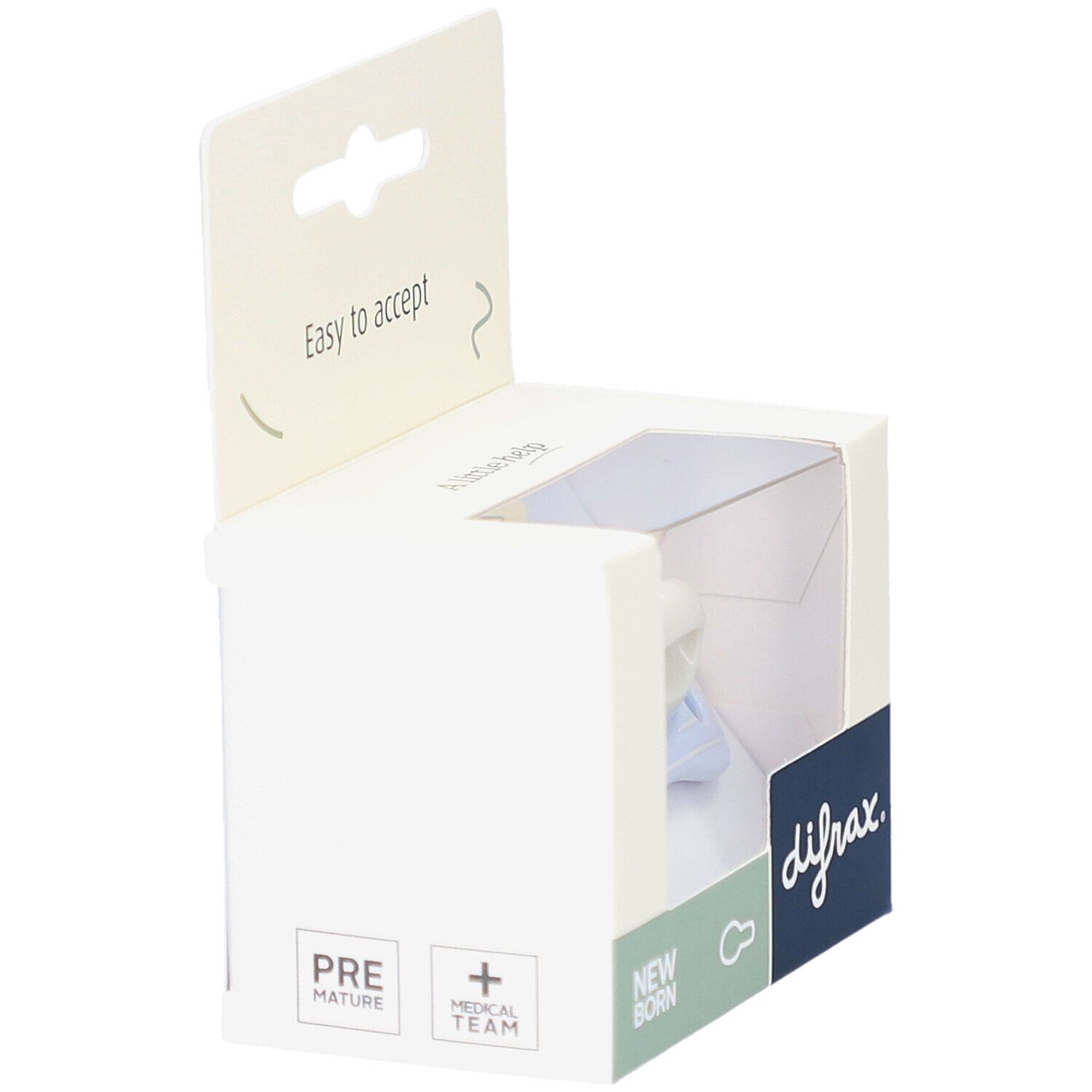 Verpakking met blauwe fopspeen. Merk Difrax. Tekst: Easy to accept, Premature, Newborn.