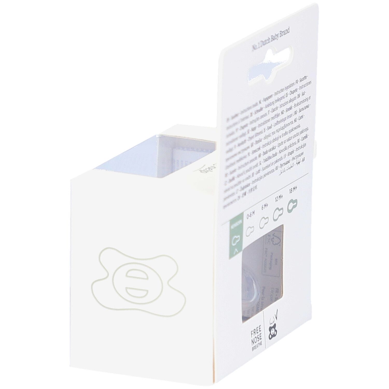 Verpakking met fopspeen. Tekst: No. 1 Dutch Baby Brand, Free Nose Breathe.