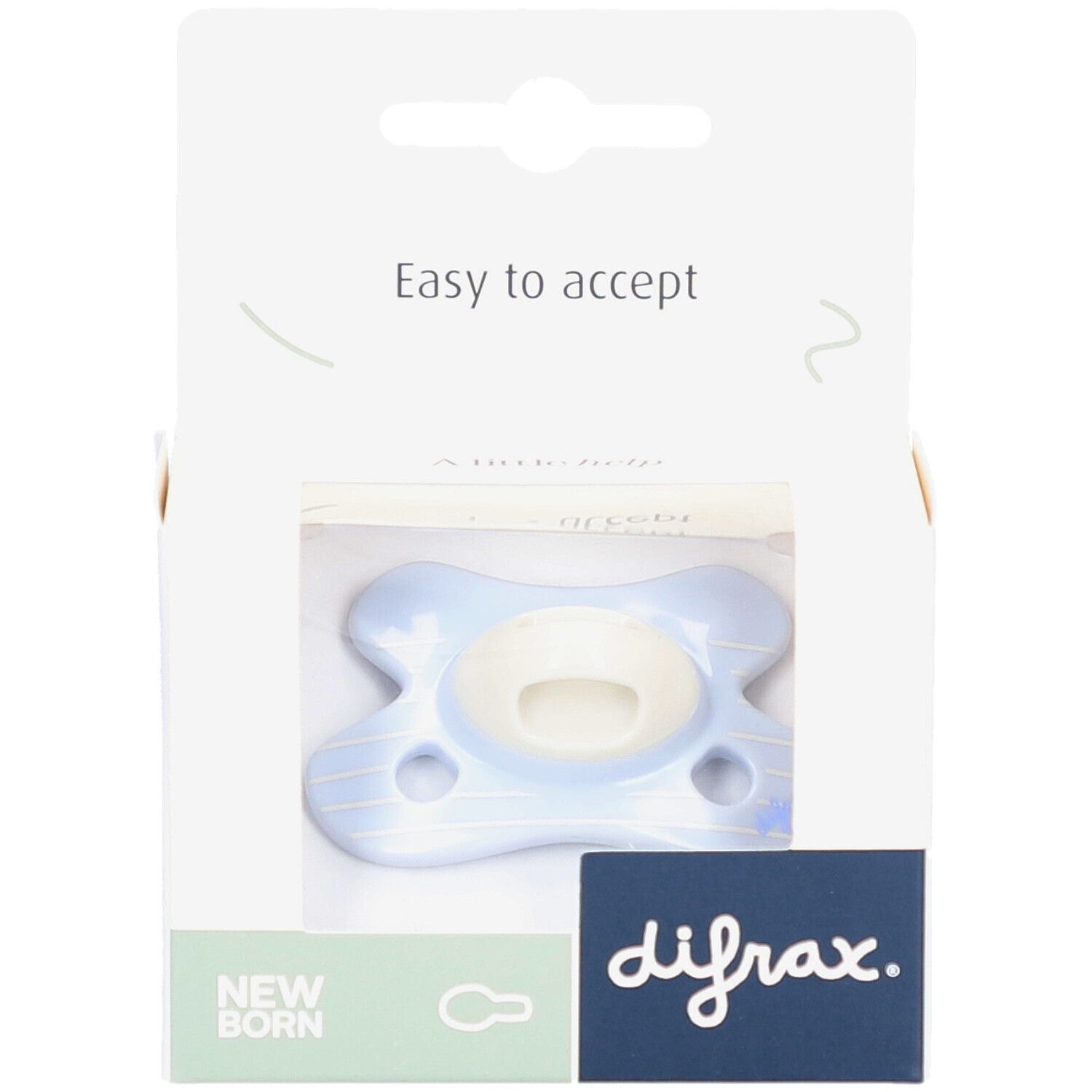 Blauwe fopspeen in verpakking. Merk Difrax. Tekst: Easy to accept, Newborn.