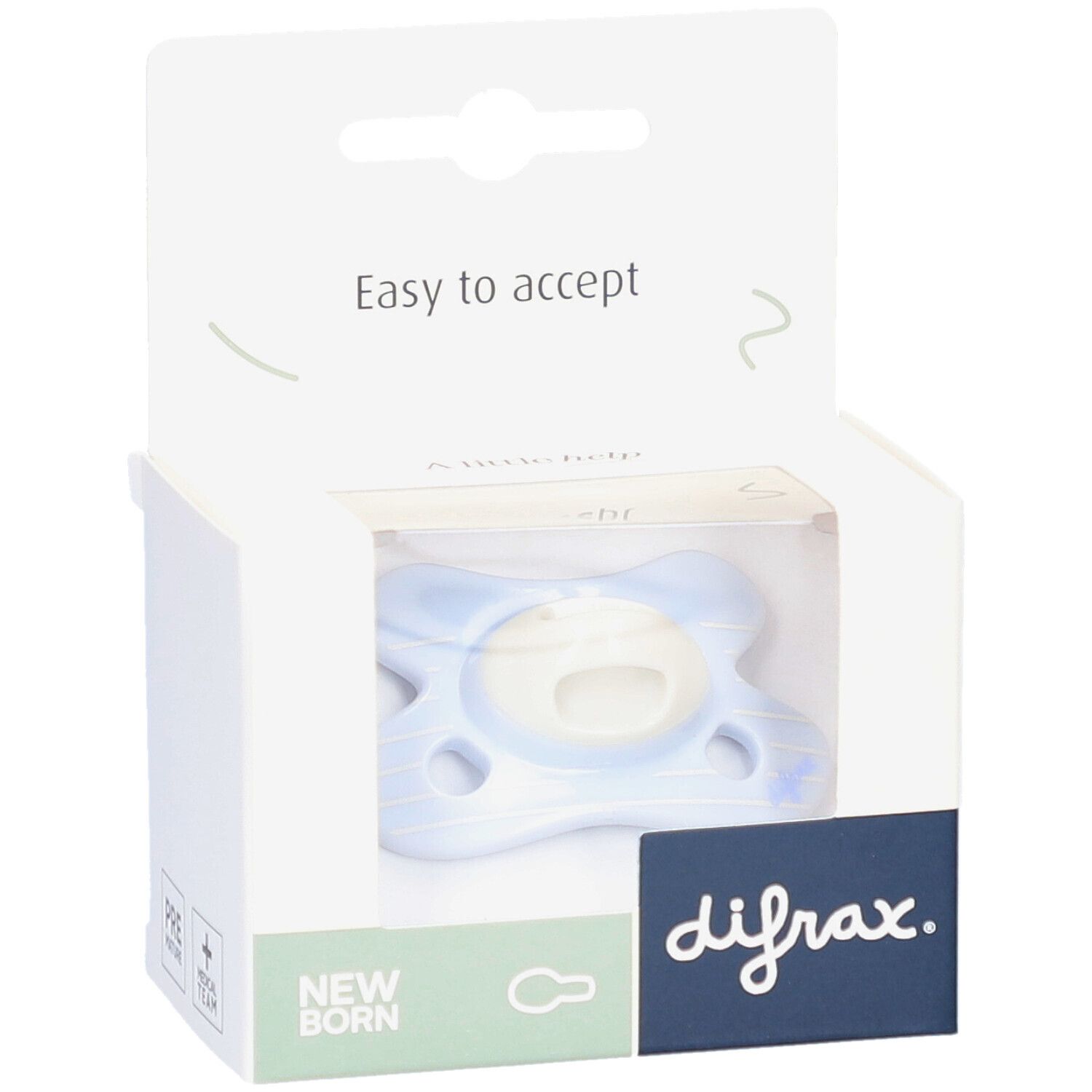 Blauwe fopspeen in verpakking. Merk Difrax. Tekst: Easy to accept, Newborn.