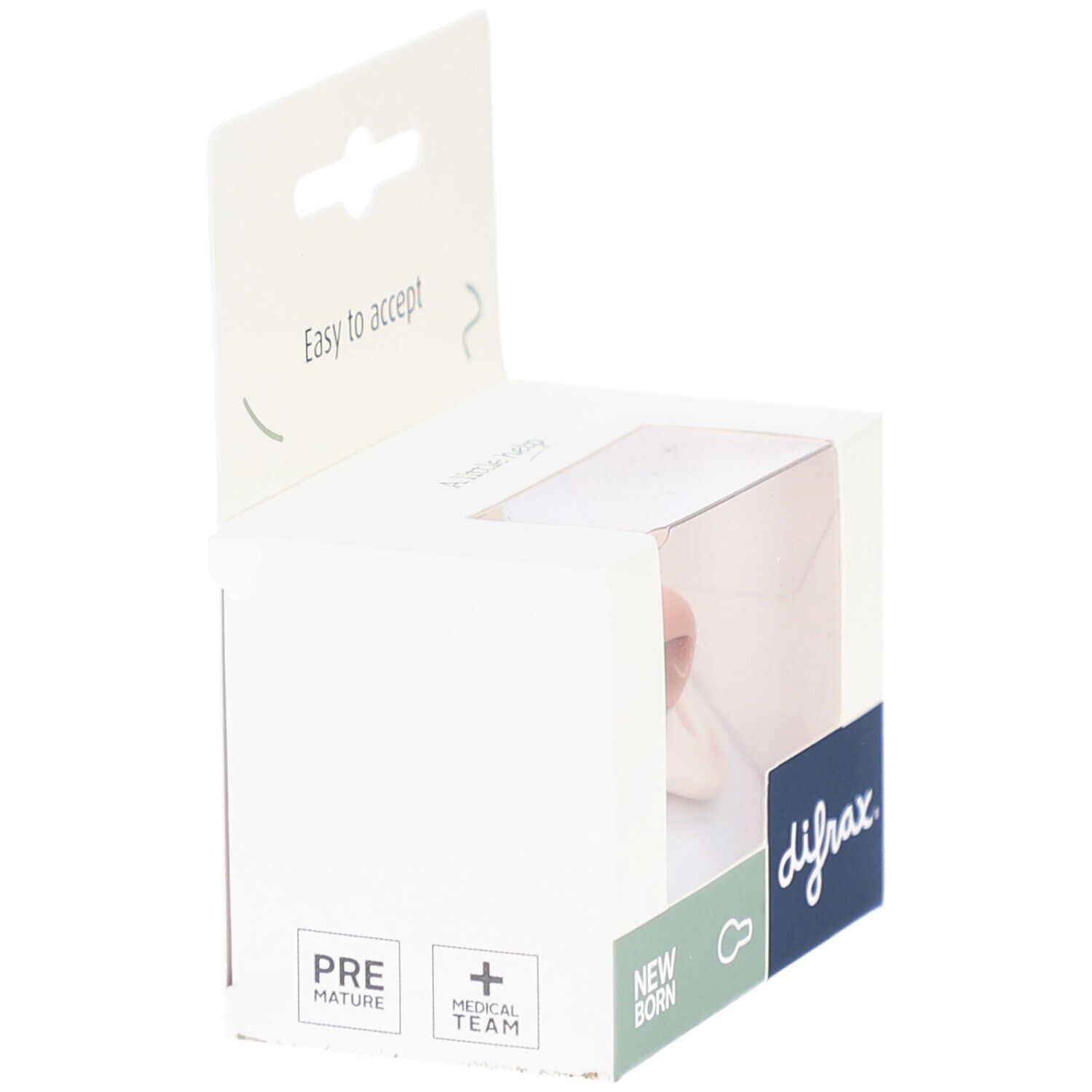 Emballage avec sucette. Marque difrax. Inscription : New Born, Pre Mature, Medical Team.
