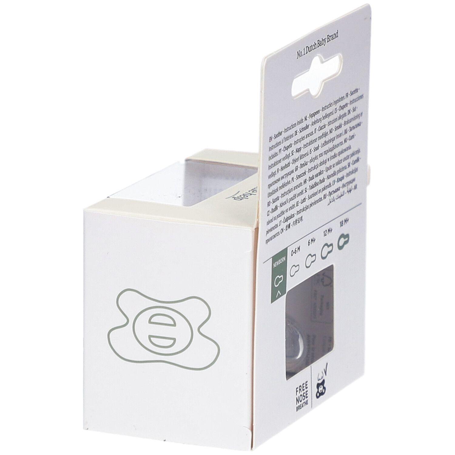 Emballage. Inscription : No. 1 Dutch Baby Brand, Free Nose Breathe. Représentation de la sucette.