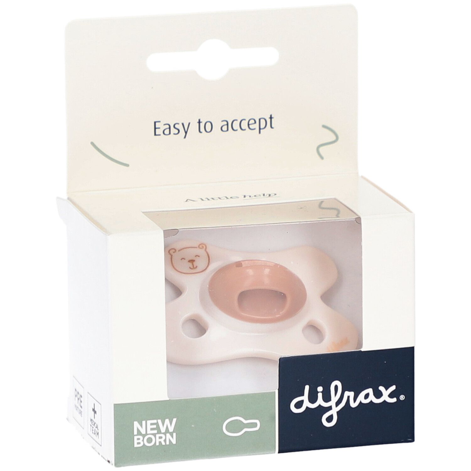 Sucette dans emballage. Blanc-rose, motif ours. Marque difrax. Inscription : New Born, Easy to accept.