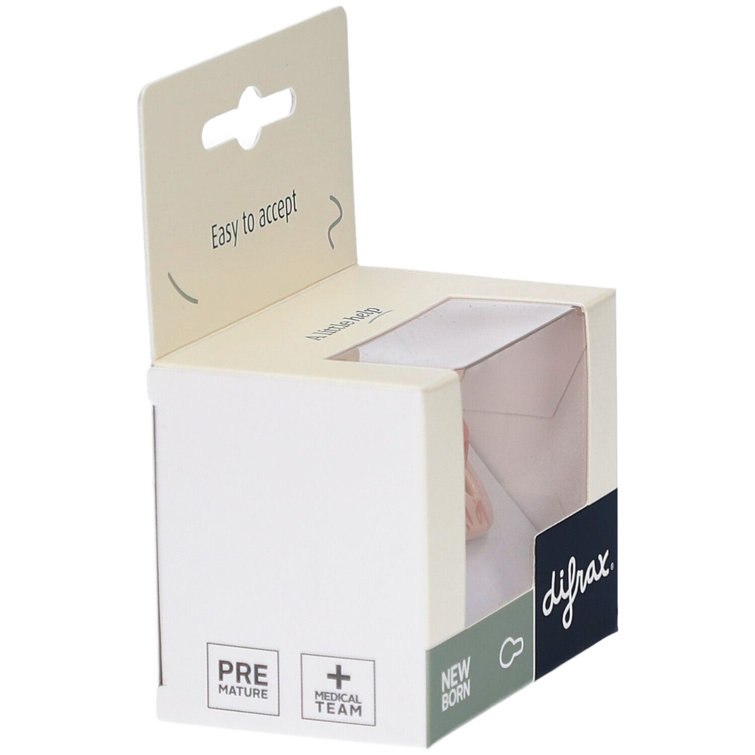 Emballage de sucette. Marque : difrax. Texte : New Born, Pre Mature, Medical Team. Fenêtre.